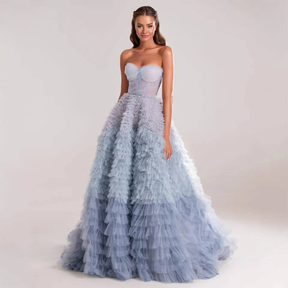 Blue Ombre Tiered Tulle Backless Ruffle THEIDEACRAFTS: Feather Dress | Elegant & Sexy Dress | Bohemian Wedding Dress Blue Ombre Tiered Tulle Backless Ruffle THEIDEACRAFTS: Feather Dress | Elegant & Sexy Dress | Bohemian Wedding Dress