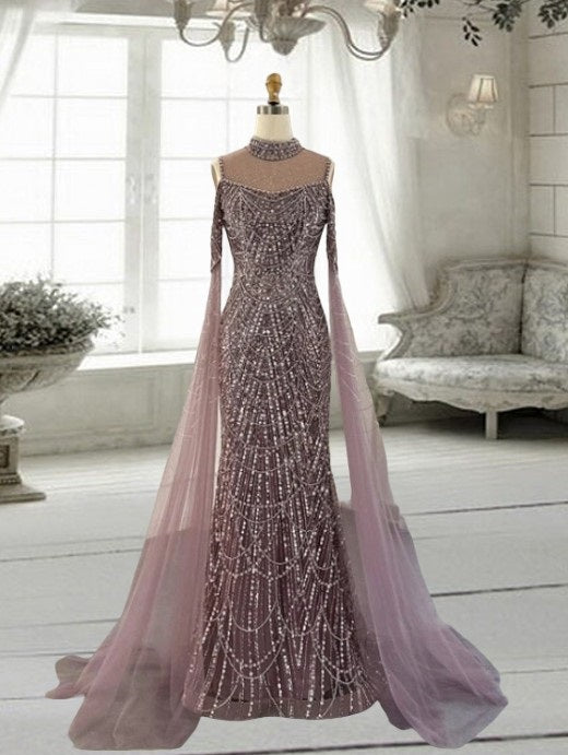 Green Mermaid Luxury Dubai Evening Dress with Cape Sleeves Elegant Women Purple Wedding Formal Party Gown