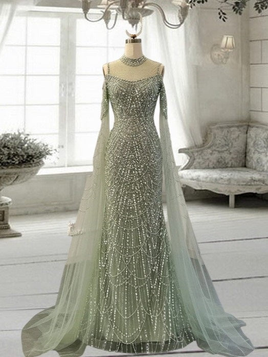 Green Mermaid Luxury Dubai Evening Dress with Cape Sleeves Elegant Women Purple Wedding Formal Party Gown