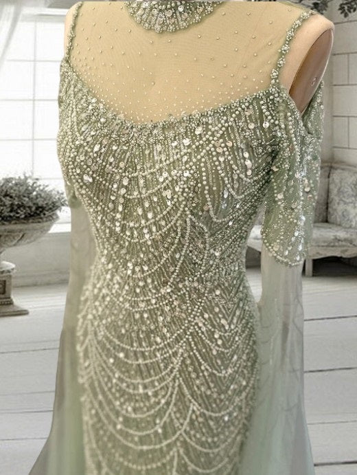 Green Mermaid Luxury Dubai Evening Dress with Cape Sleeves Elegant Women Purple Wedding Formal Party Gown
