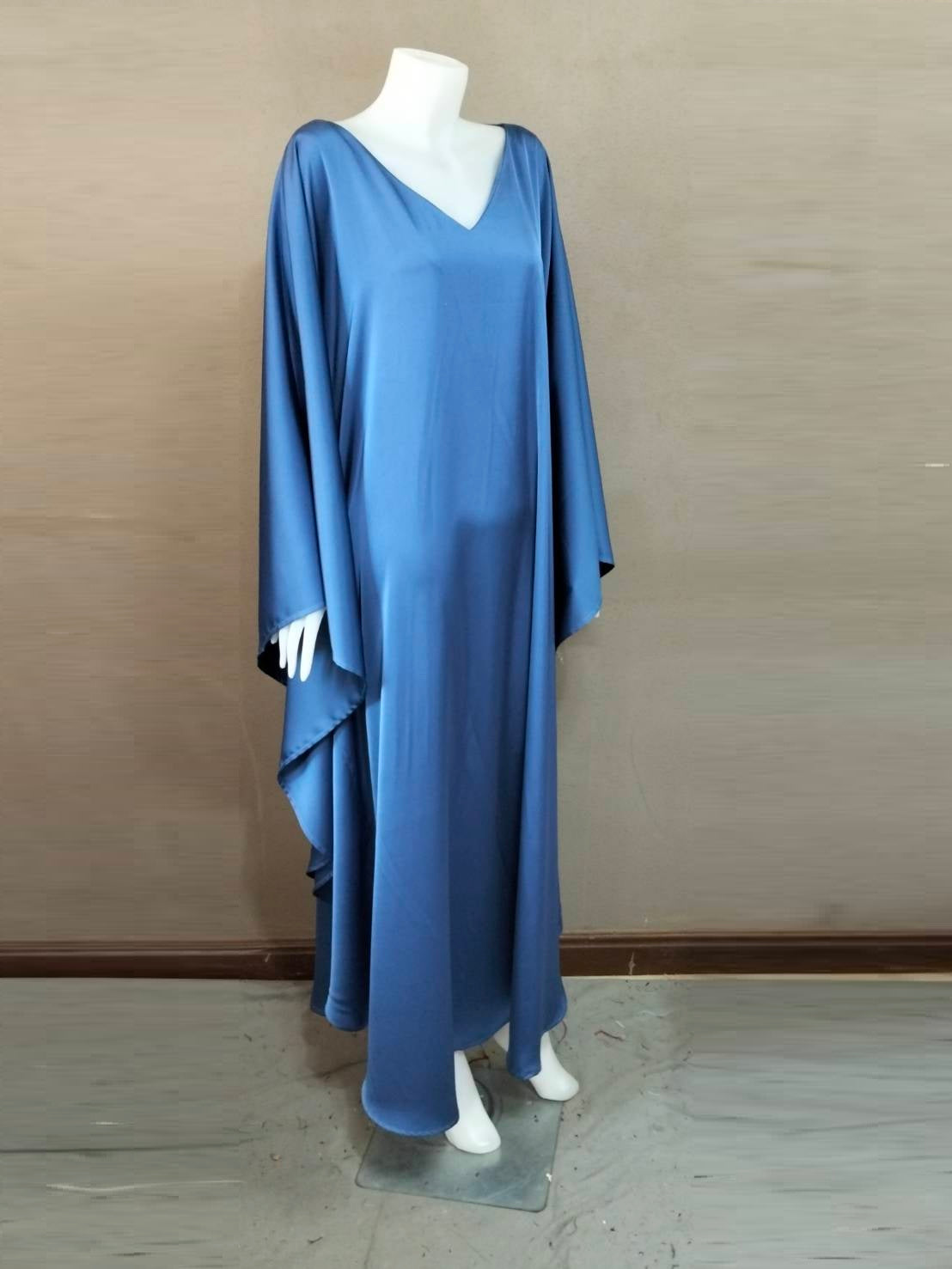 CERVIA Blue Satin Kaftan Maxi Dress, Loose Kimono Frock, Plus Size Evening Gown