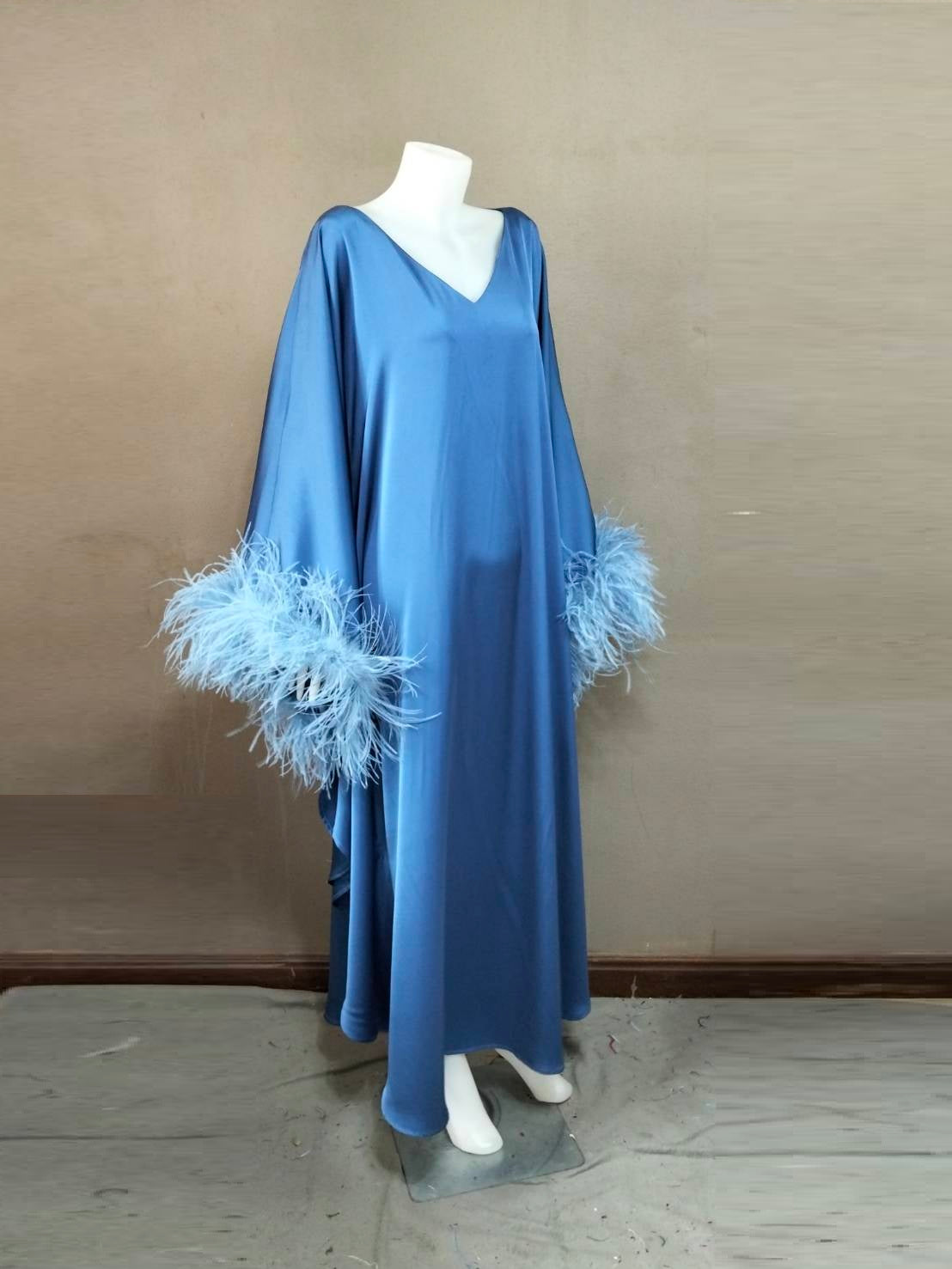 CERVIA Blue Satin Kaftan Maxi Feather Dress, Loose Kimono Frock, Plus Size Evening Gown