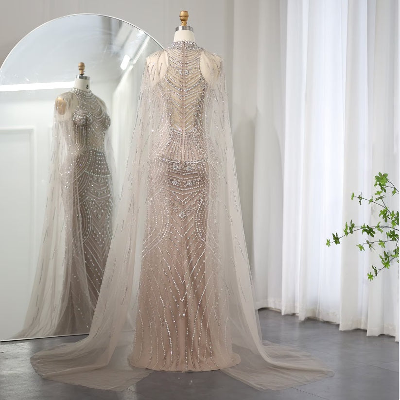 Caramel Elegant High Neck Crystal Evening Dress with Cape Sleeves