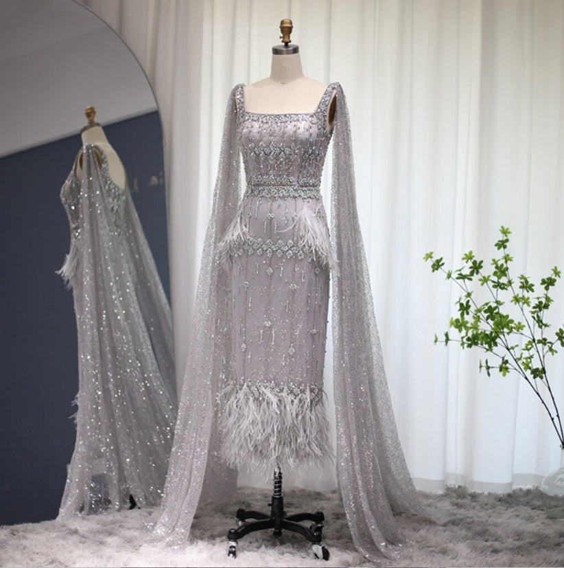 Crystal Silver Gray Midi Bridal Feather Evening Dress with Cape