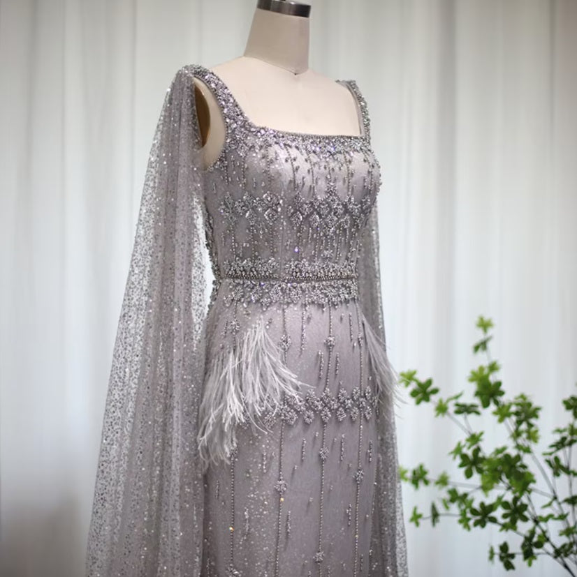 Crystal Silver Gray Midi Bridal Feather Evening Dress with Cape