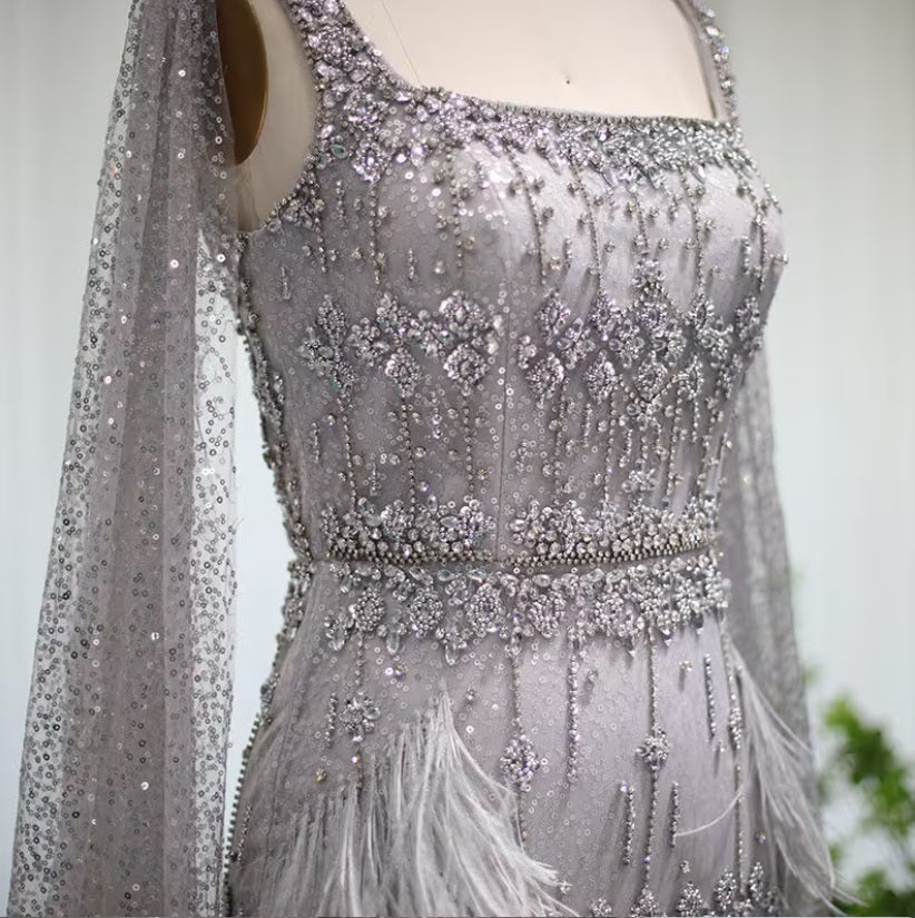 Crystal Silver Gray Midi Bridal Feather Evening Dress with Cape