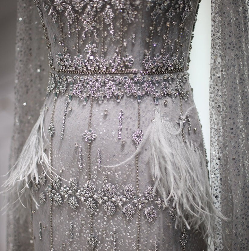 Crystal Silver Gray Midi Bridal Feather Evening Dress with Cape