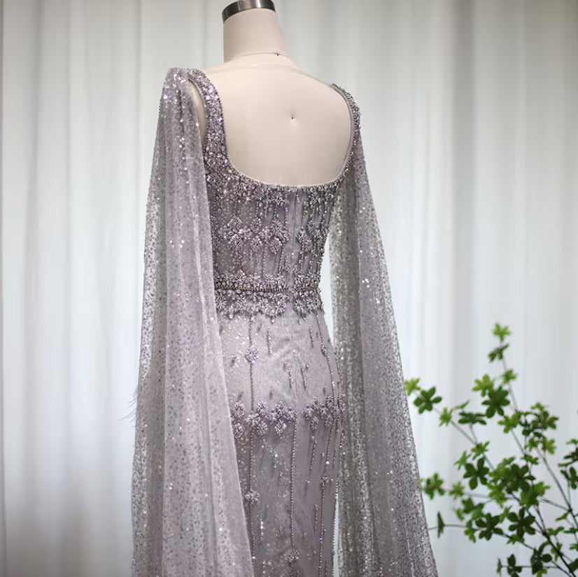 Crystal Silver Gray Midi Bridal Feather Evening Dress with Cape
