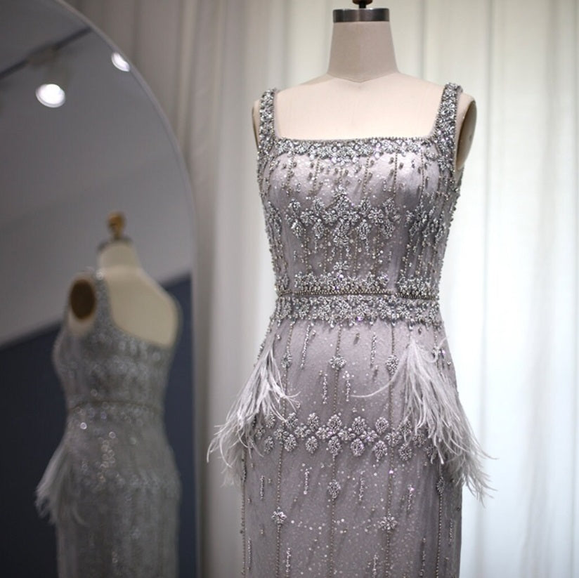 Crystal Silver Gray Midi Bridal Feather Evening Dress with Cape
