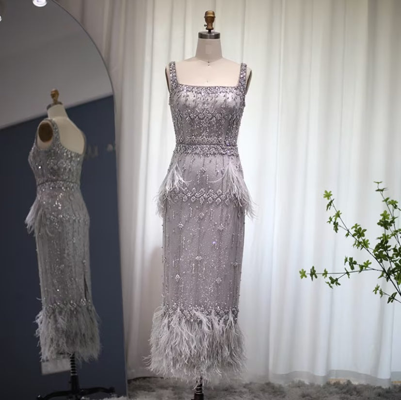 Crystal Silver Gray Midi Bridal Feather Evening Dress with Cape