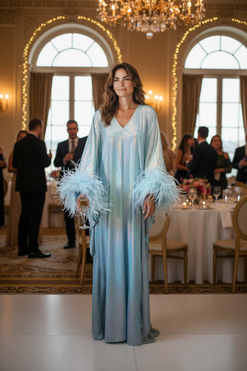 CERVIA Dazzling Aqua Sparkle Kaftan Dress, Feather Trim, Party Cover-U – THEIDEACRAFTS: Feather Dress | Elegant & Sexy Dress