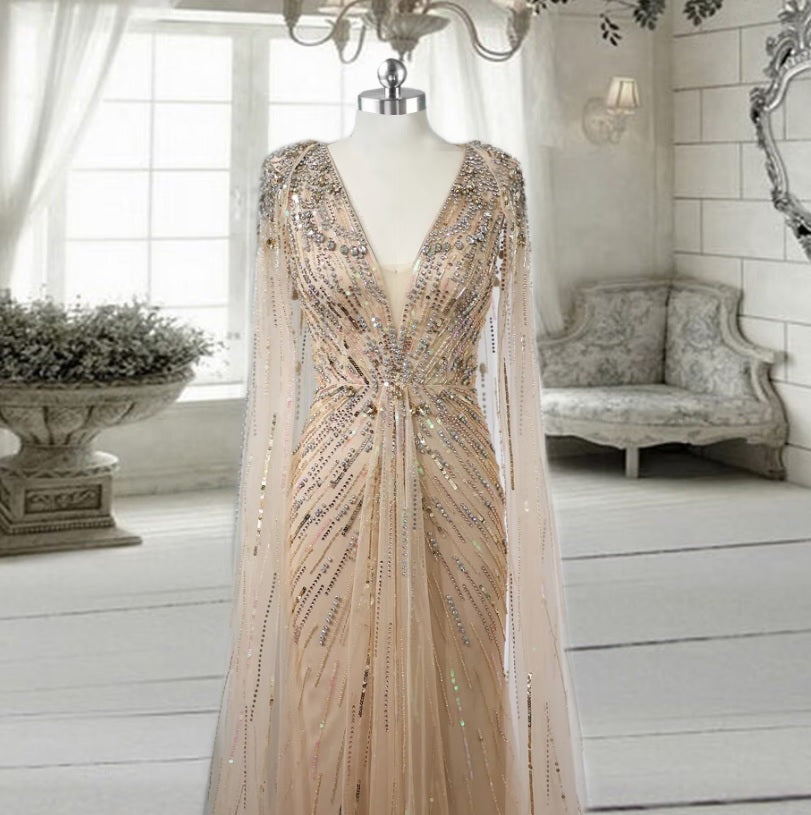 Gold Elegant Crystal Dubai Evening Dress with Cape