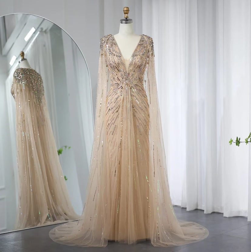 Gold Elegant Crystal Dubai Evening Dress with Cape