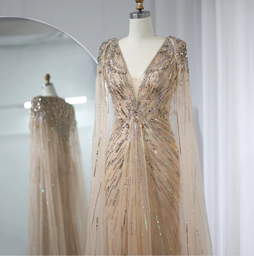 Gold Elegant Crystal Dubai Evening Dress with Cape