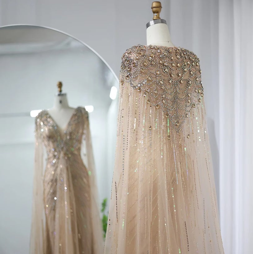 Gold Elegant Crystal Dubai Evening Dress with Cape