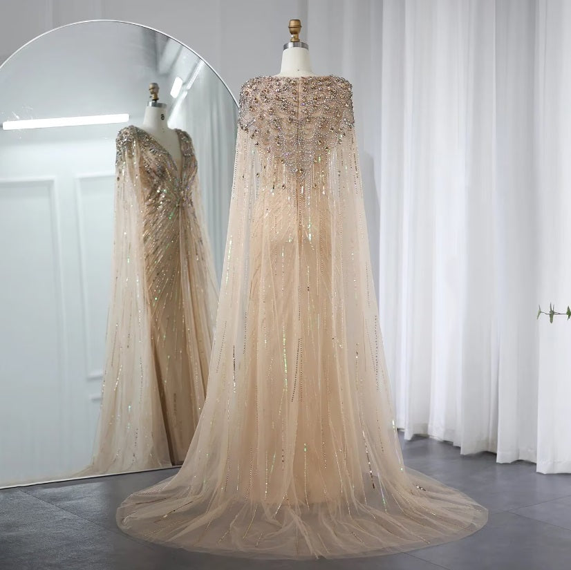 Gold Elegant Crystal Dubai Evening Dress with Cape