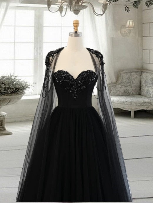 Gothic Black Tulle Arabic Evening Dress with Cape Sleeves Elegant Women Luxury Dubai Formal Party Gowns