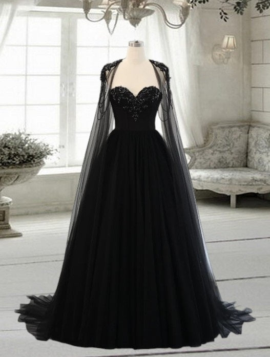 Gothic Black Tulle Arabic Evening Dress with Cape Sleeves Elegant Women Luxury Dubai Formal Party Gowns
