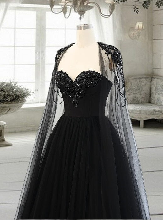 Gothic Black Tulle Arabic Evening Dress with Cape Sleeves Elegant Women Luxury Dubai Formal Party Gowns