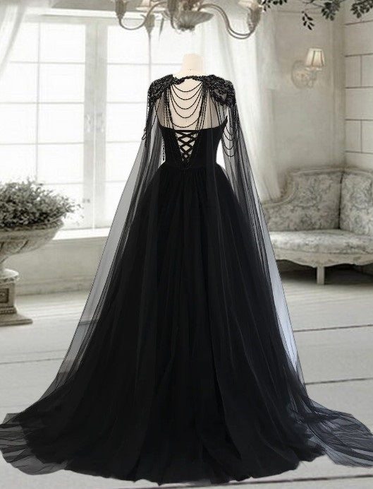 Gothic Black Tulle Arabic Evening Dress with Cape Sleeves Elegant Women Luxury Dubai Formal Party Gowns