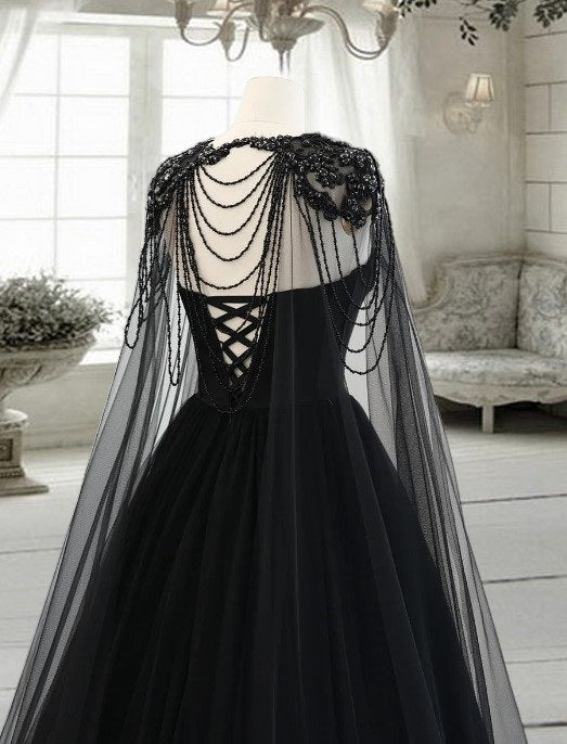 Gothic Black Tulle Arabic Evening Dress with Cape Sleeves Elegant Women Luxury Dubai Formal Party Gowns