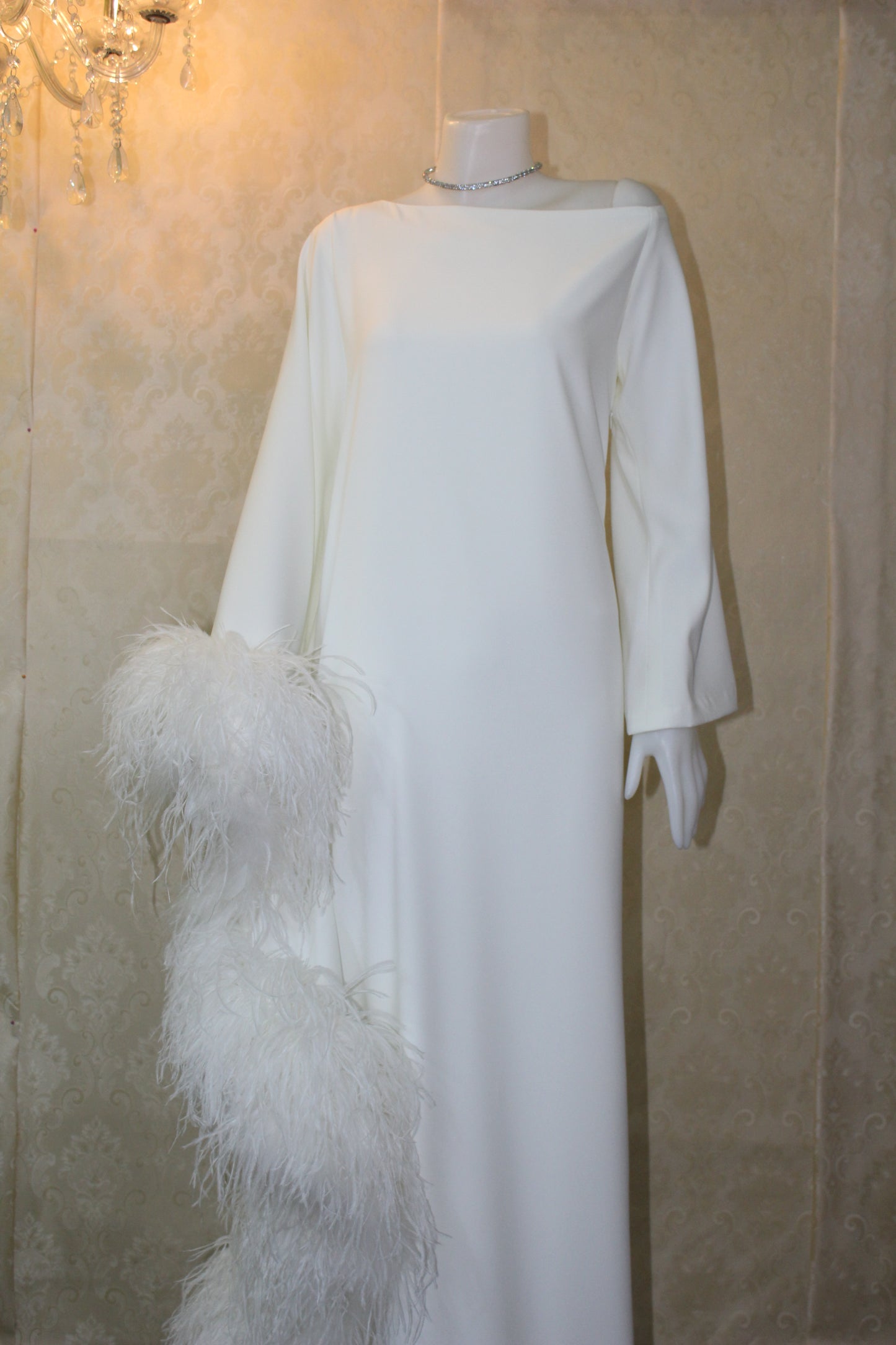 MARAYA Ivory Asymmetrical boat neck maxi Feather dress