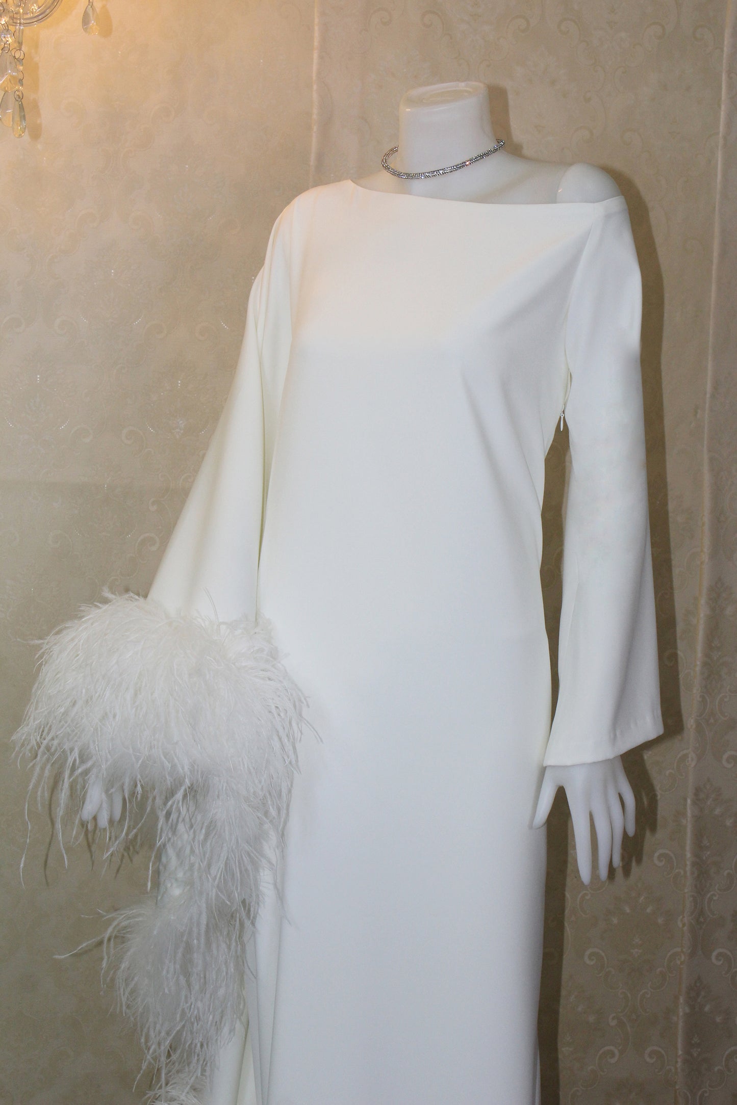 MARAYA Ivory Asymmetrical boat neck maxi Feather dress