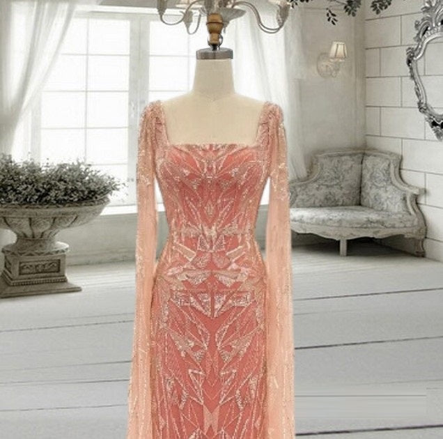 Luxury Pearls Beads Dubai Evening Dresses with Cape Sleeve 4 / Sky Blue Luxury Pearls Beads Dubai Evening Dresses with Cape Sleeve 4 / Sky Blue