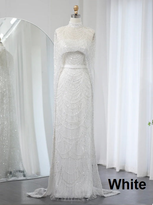 Luxury Pearls Dubai Champagne Evening Dresses with Cape New Arabic Women Mermaid Wedding Party Prom Dress