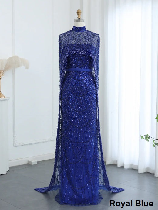 Luxury Pearls Dubai Champagne Evening Dresses with Cape New Arabic Women Mermaid Wedding Party Prom Dress