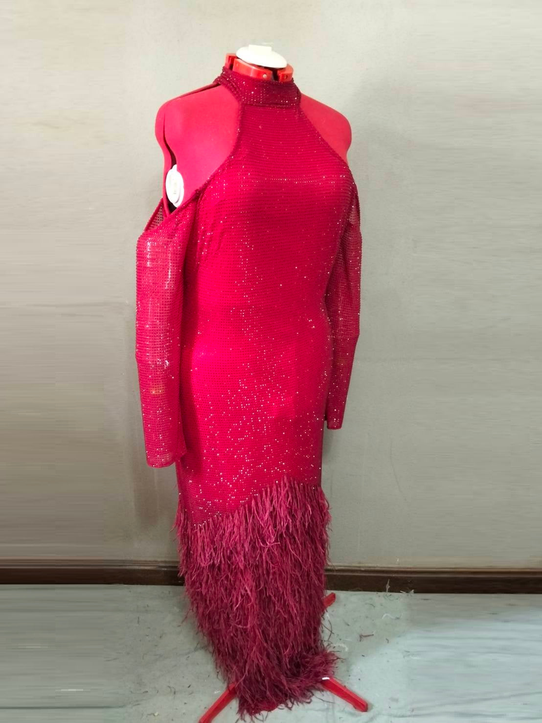 MARAYA Crimson Elegance Feather Rhinestone Dress - Cold Shoulder Long Sleeve