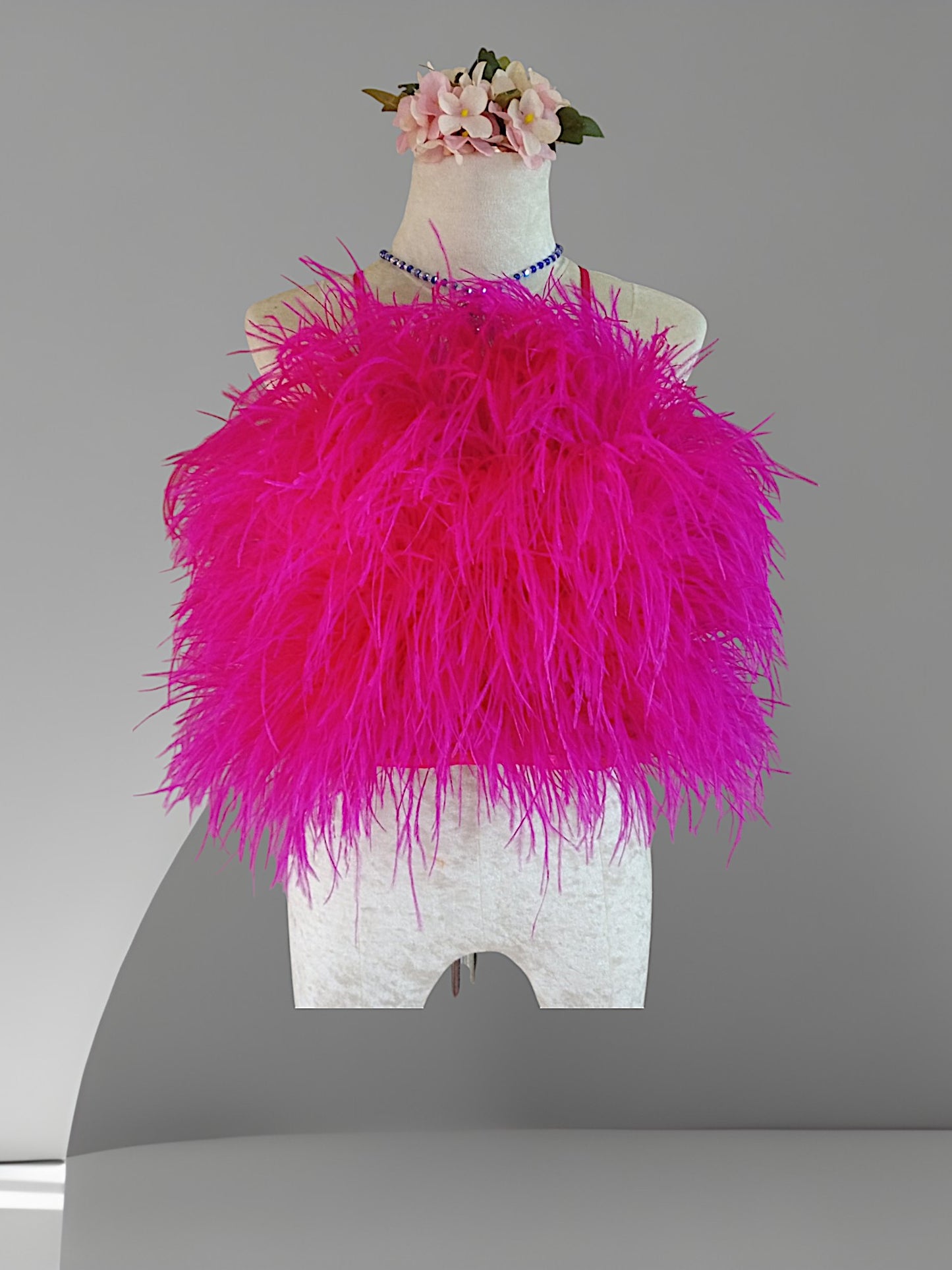 MARAYA Fuchsia Crop Top Feather Trim