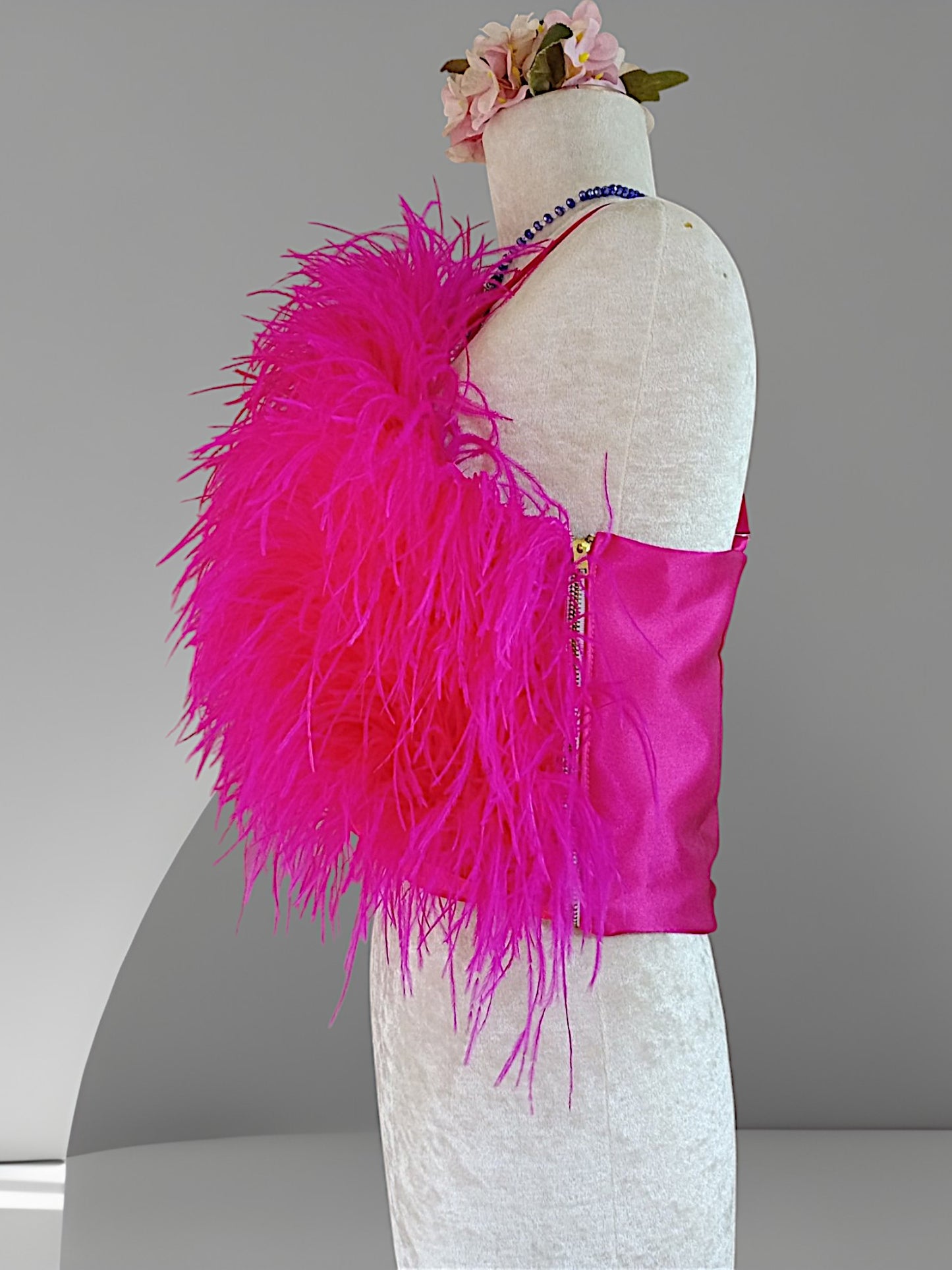 MARAYA Fuchsia Crop Top Feather Trim