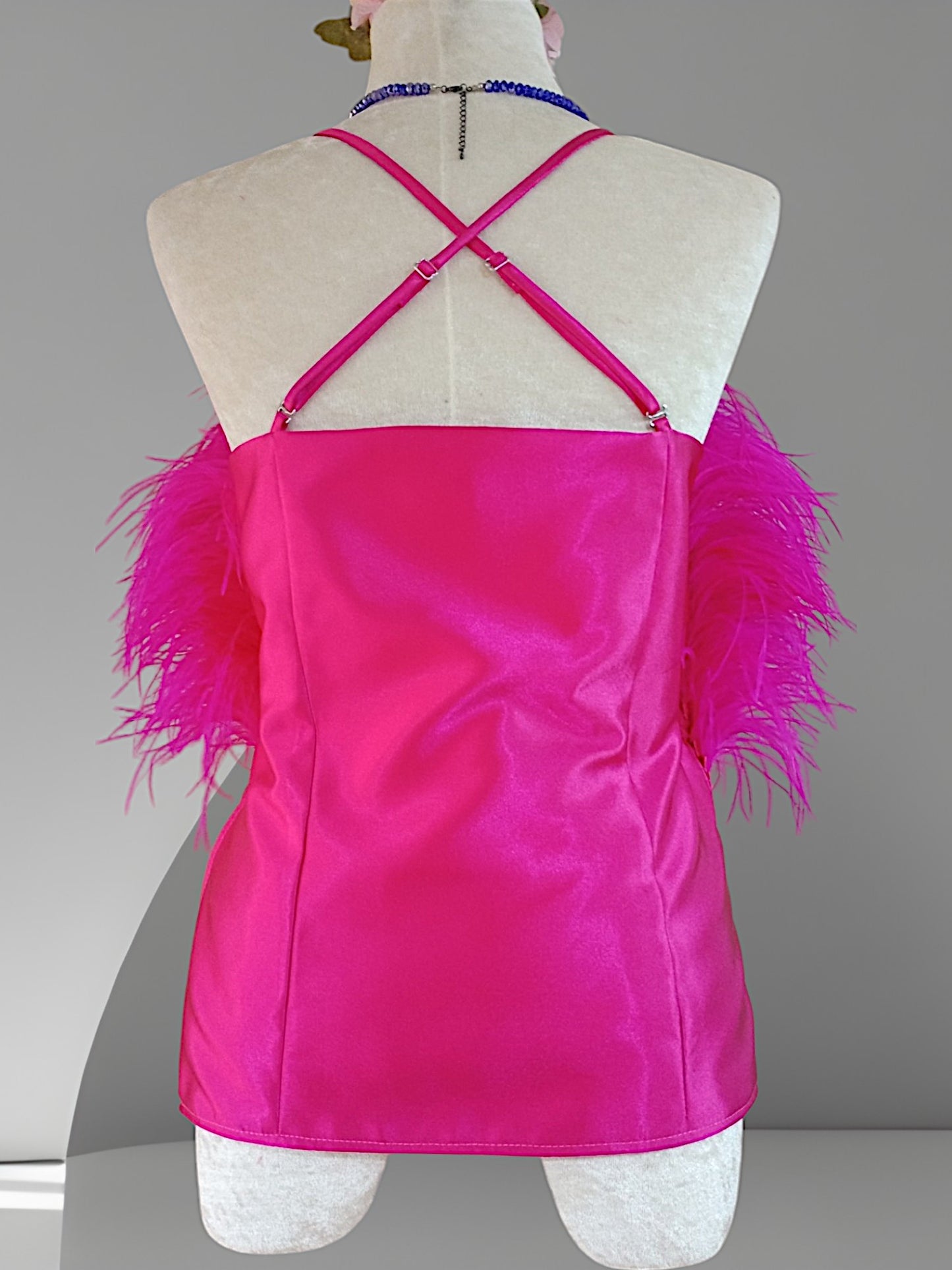 MARAYA Fuchsia Crop Top Feather Trim
