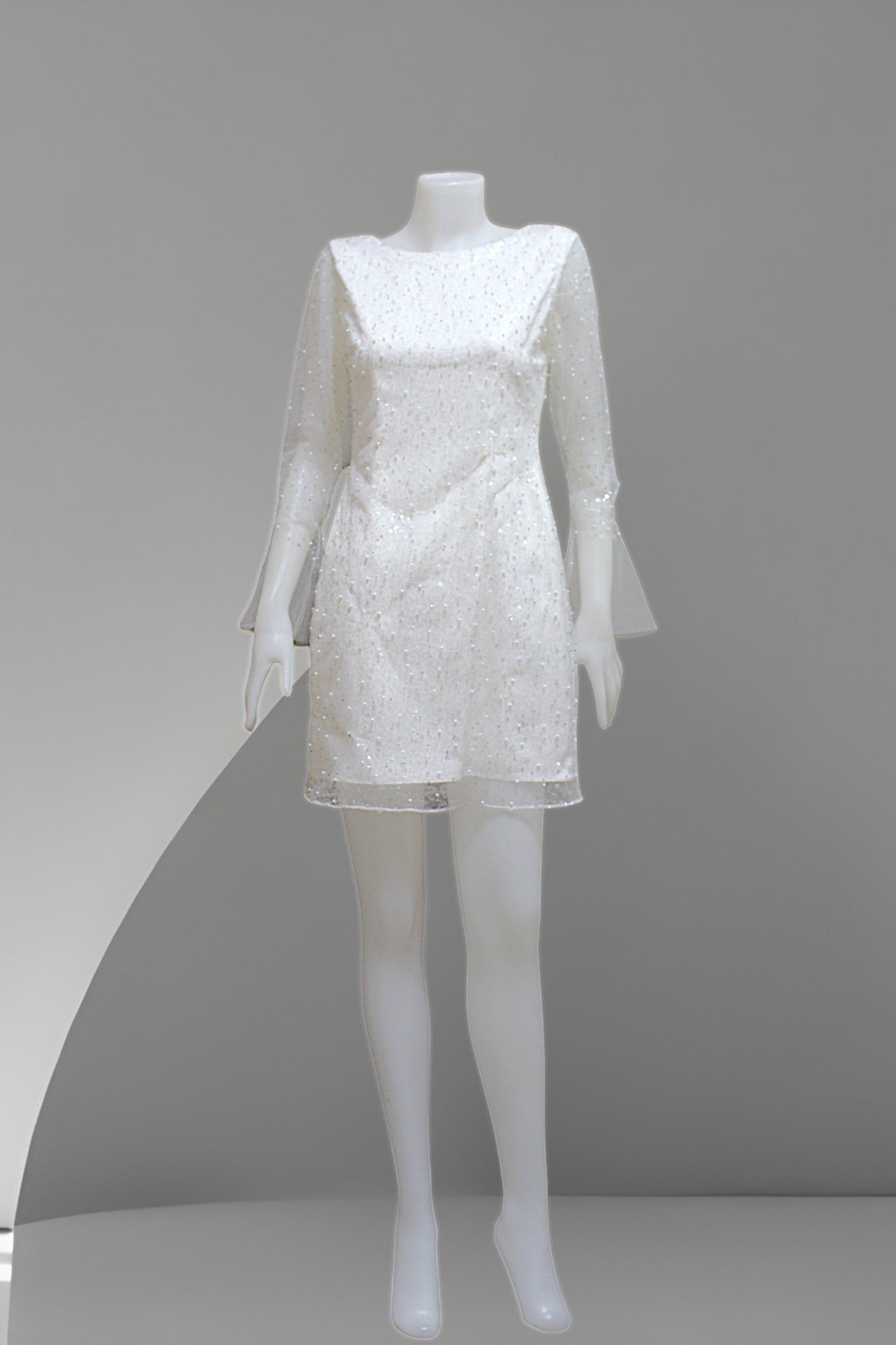 MARAYA Pearl and Sequin Mesh Long Sleeve Mini Feather Wedding Dress, Wedding Dress