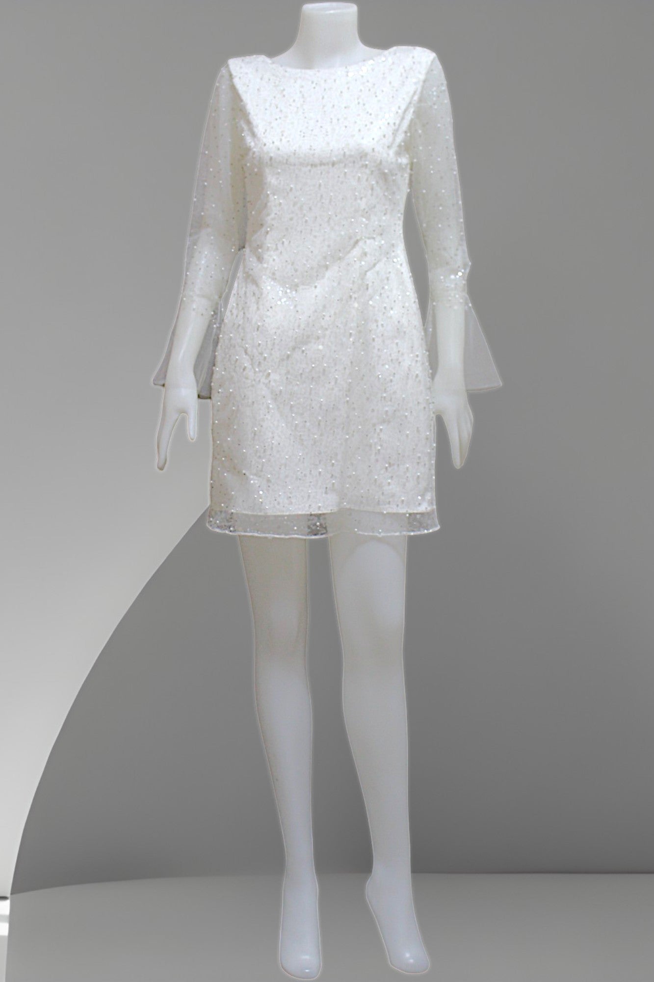 MARAYA Pearl and Sequin Mesh Long Sleeve Mini Feather Wedding Dress, Wedding Dress