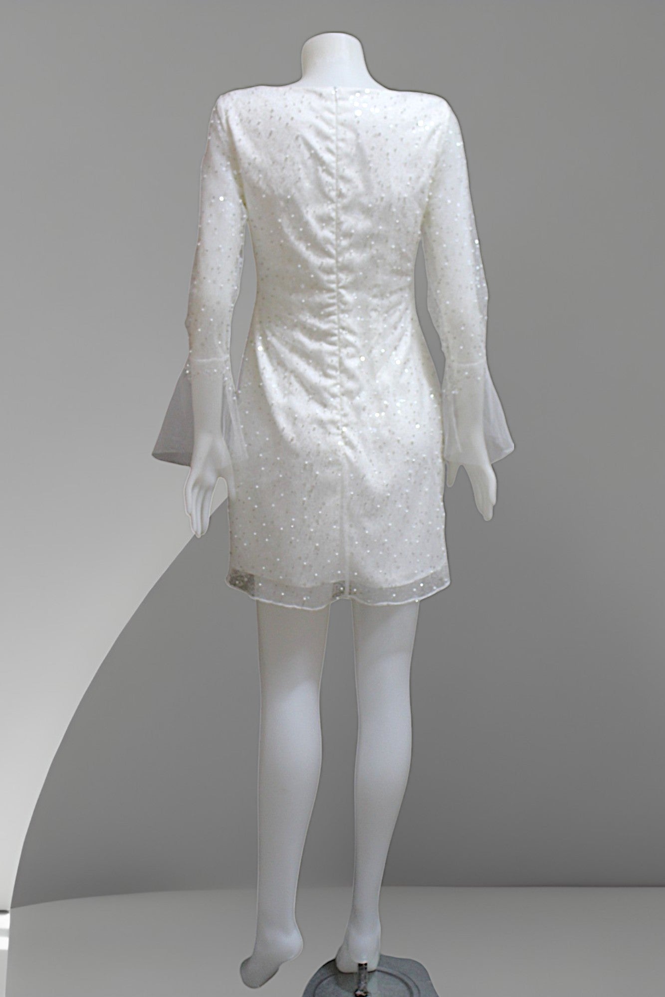 MARAYA Pearl and Sequin Mesh Long Sleeve Mini Feather Wedding Dress, Wedding Dress