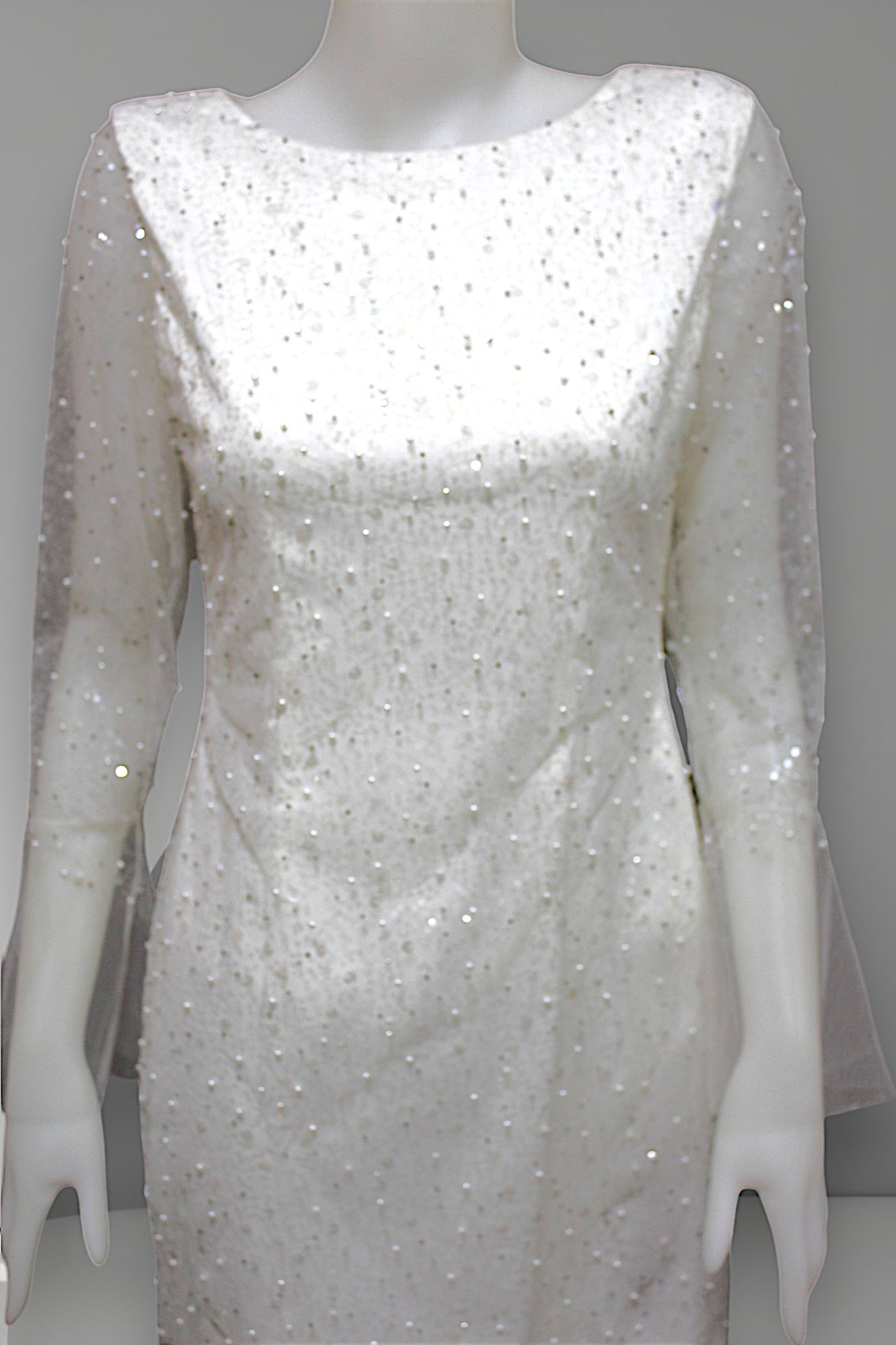 MARAYA Pearl and Sequin Mesh Long Sleeve Mini Feather Wedding Dress, Wedding Dress