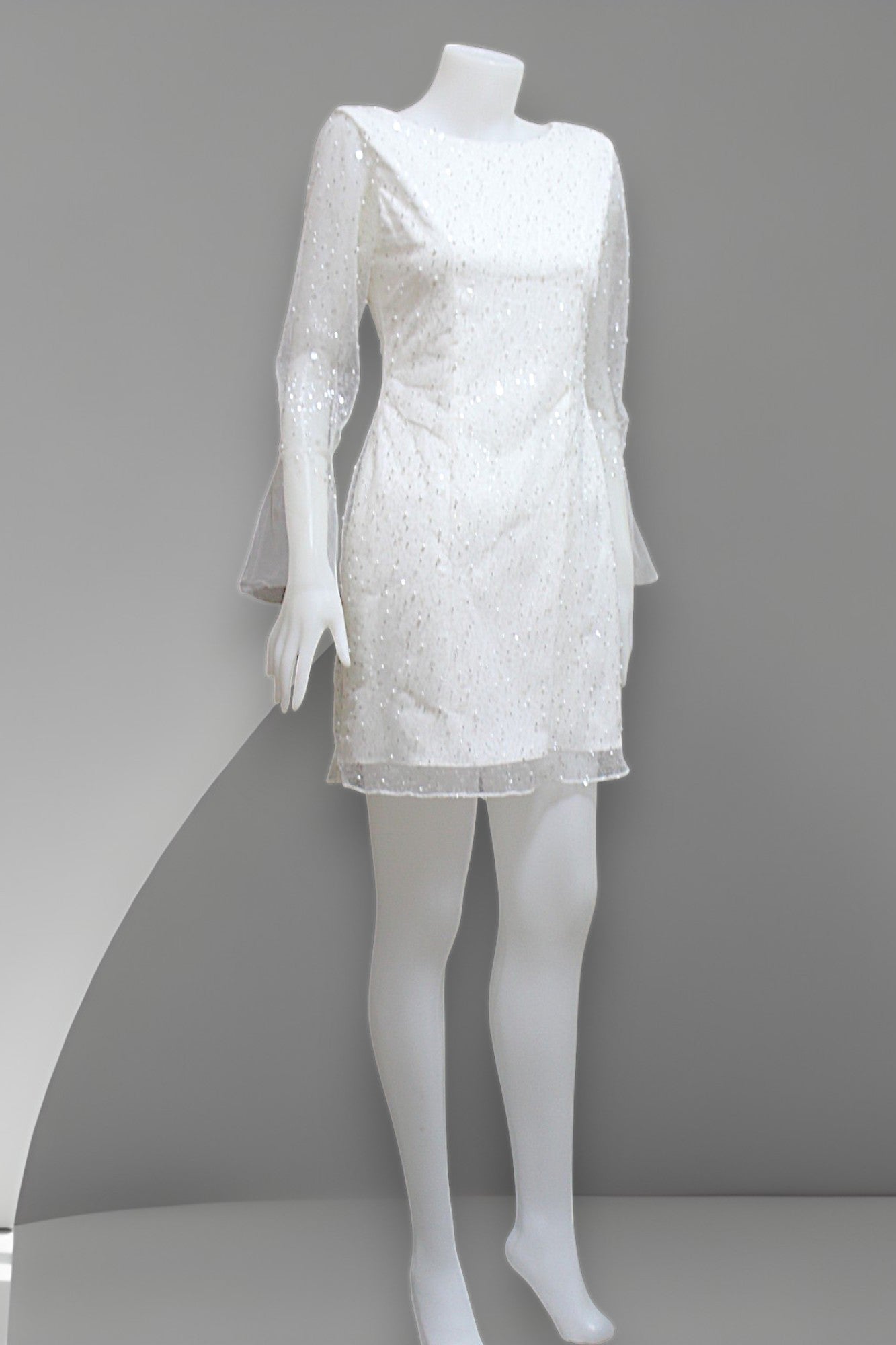 MARAYA Pearl and Sequin Mesh Long Sleeve Mini Feather Wedding Dress, Wedding Dress