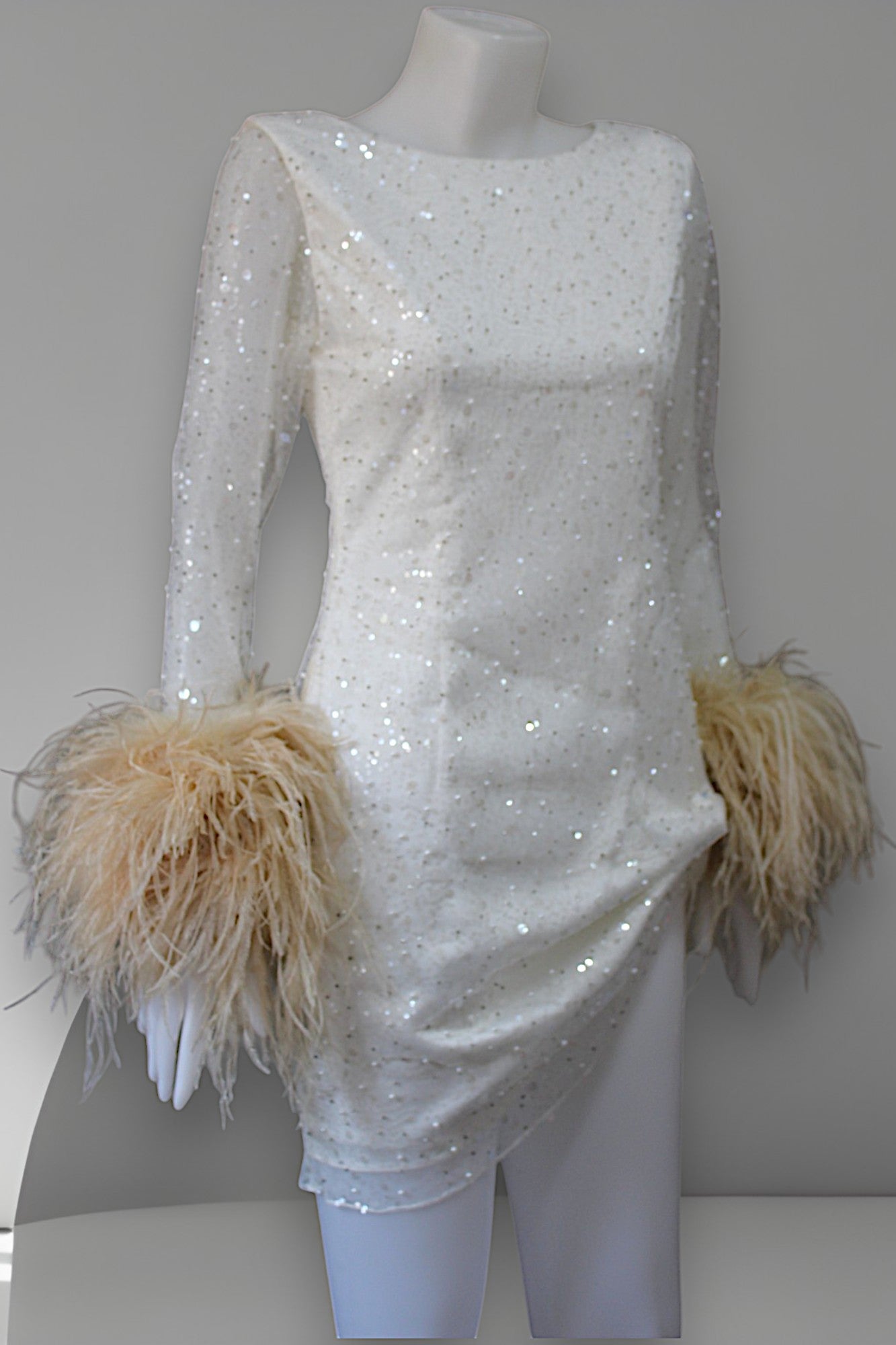 MARAYA Swan Pearl and Sequin Mesh Long Sleeve Mini Feather Dress, Wedding Dress