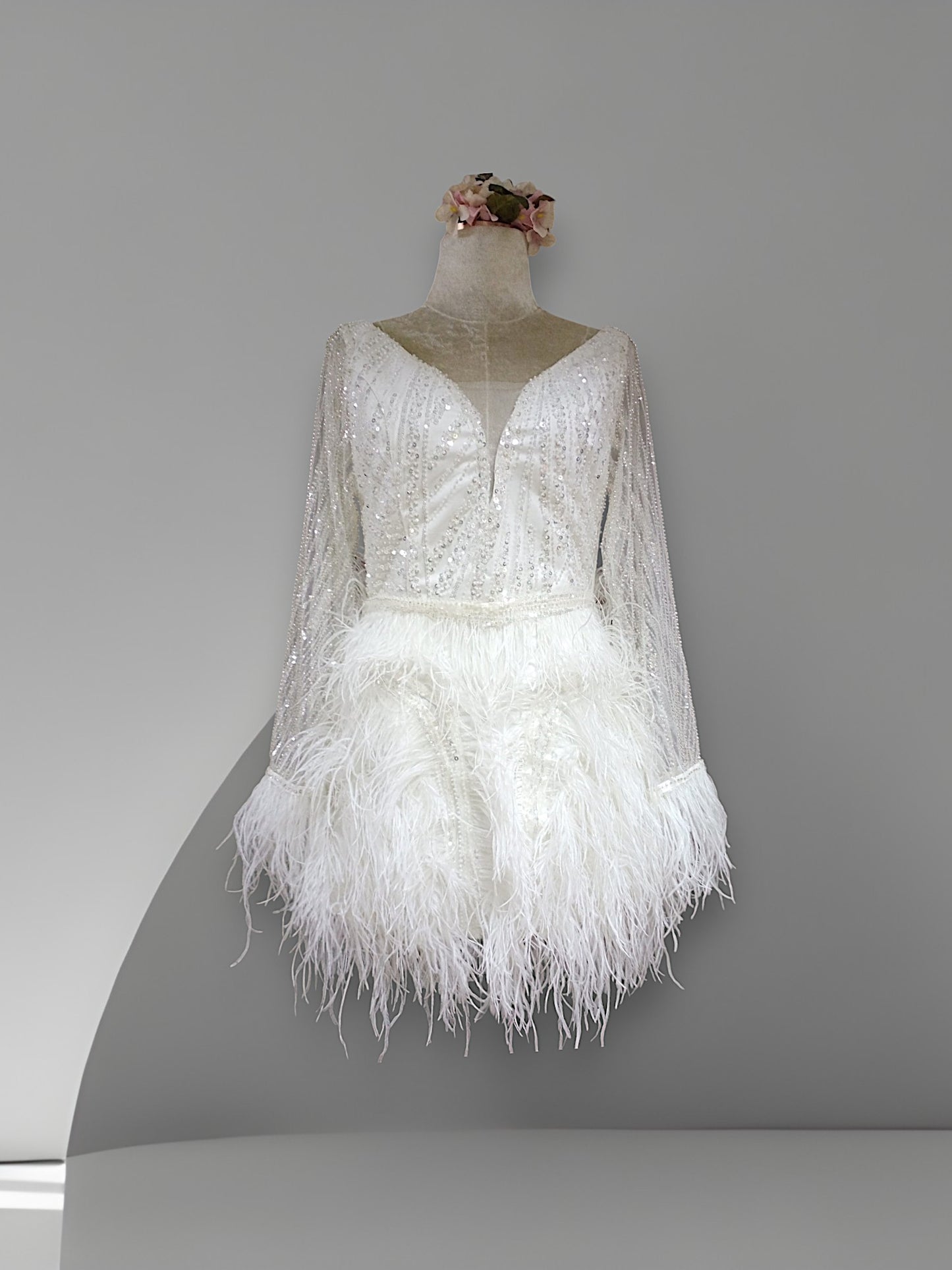 MARAYA White rhinestone Long Sleeve Mini Feather dress, Wedding Dress