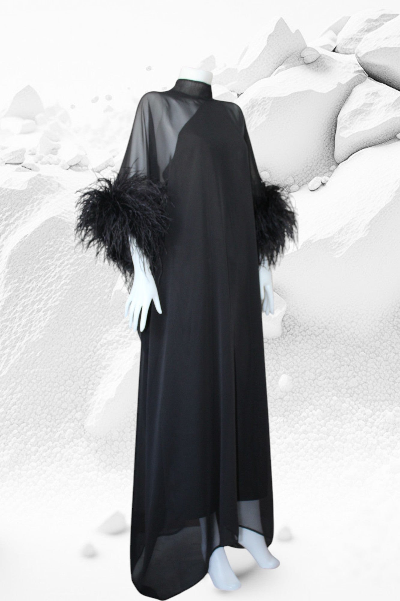 MARAYA Black Kaftan Shift Evening Maxi Feather dress