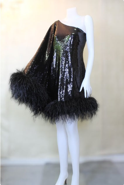 MARAYA Black Sequin One-Shoulder Feather Mini Dress