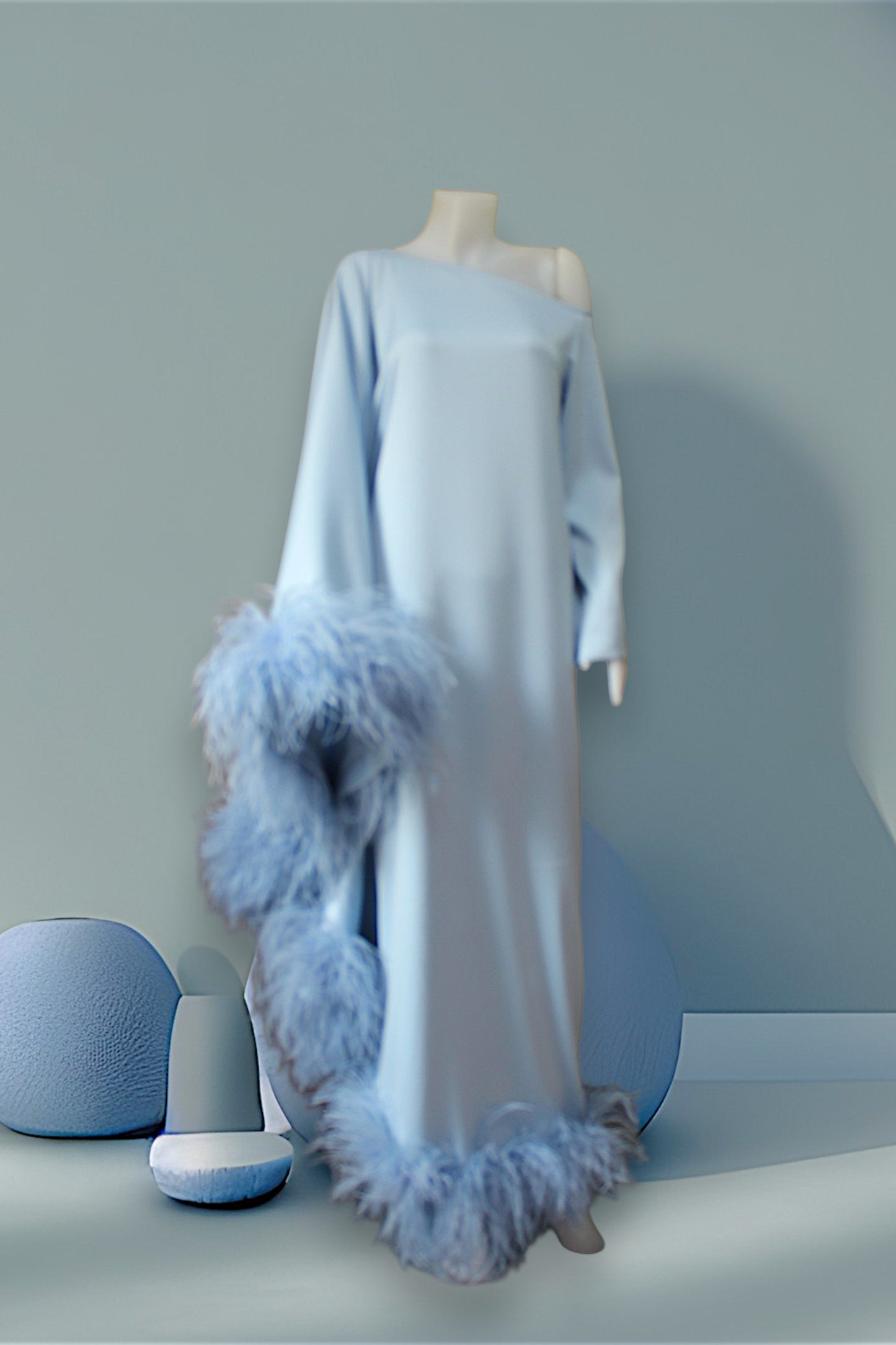 MARAYA Blue Asymmetrical boat neck maxi Feather dress