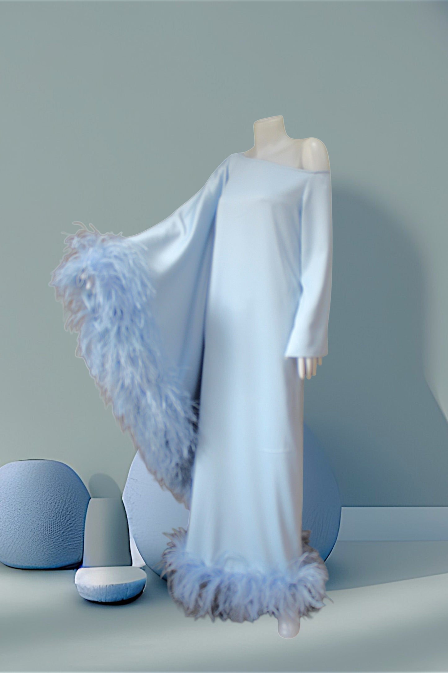 MARAYA Blue Asymmetrical boat neck maxi Feather dress