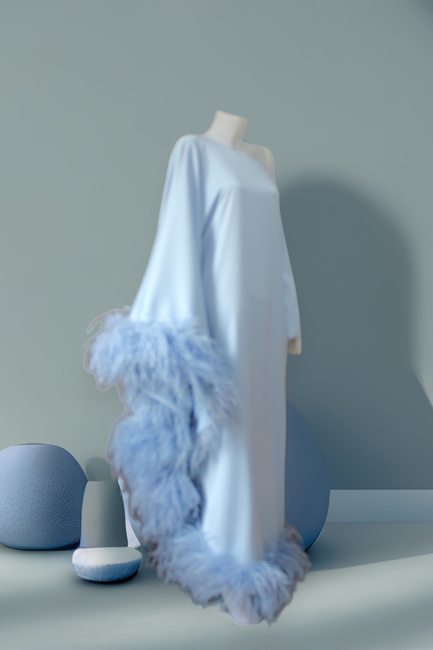 MARAYA Blue Asymmetrical boat neck maxi Feather dress