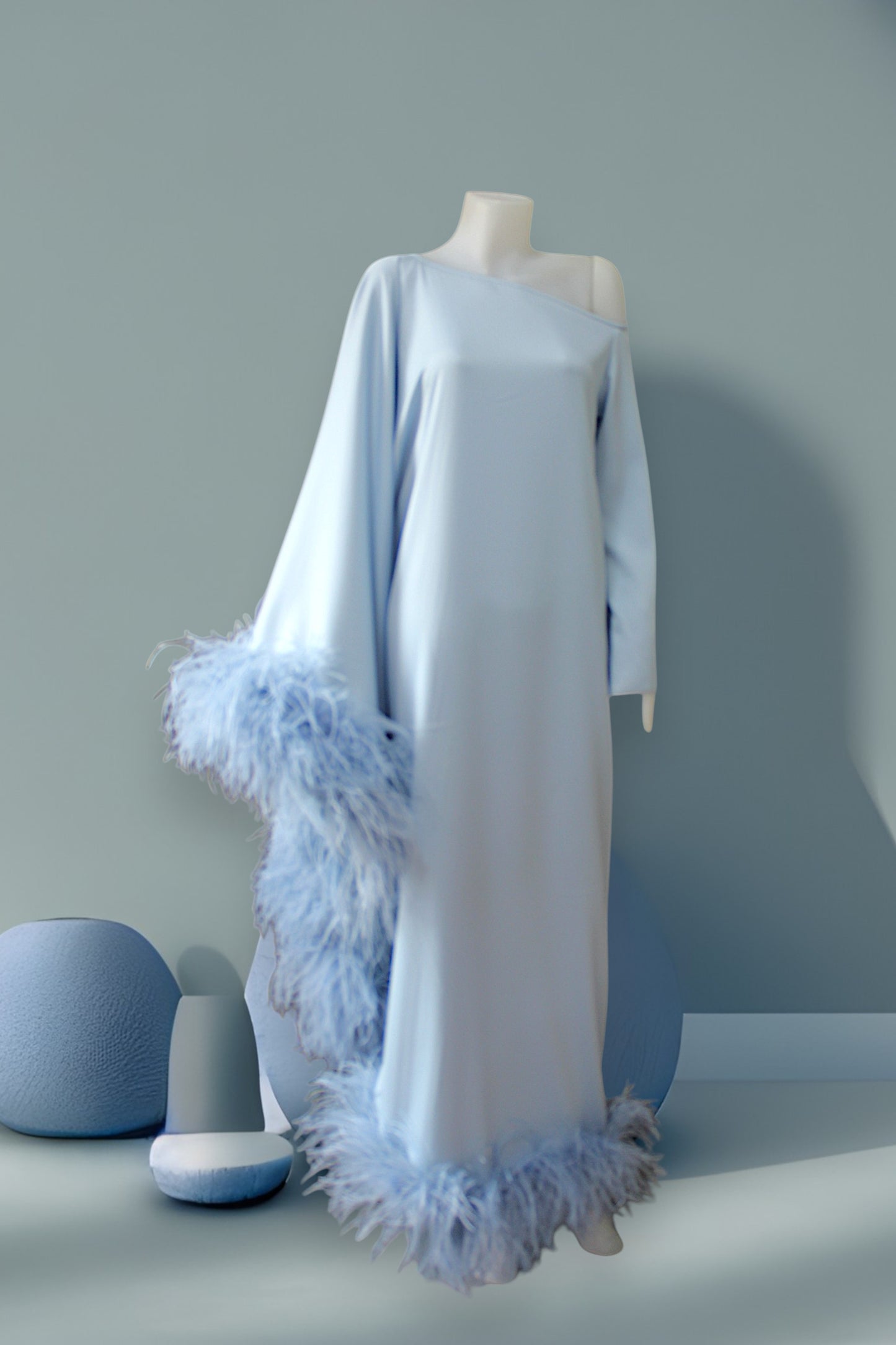 MARAYA Blue Asymmetrical boat neck maxi Feather dress