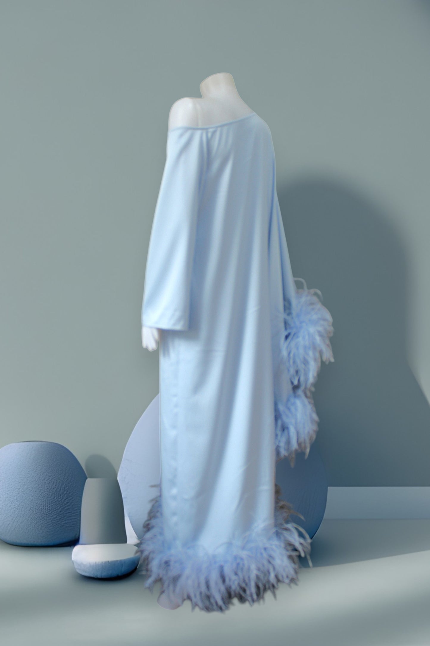 MARAYA Blue Asymmetrical boat neck maxi Feather dress