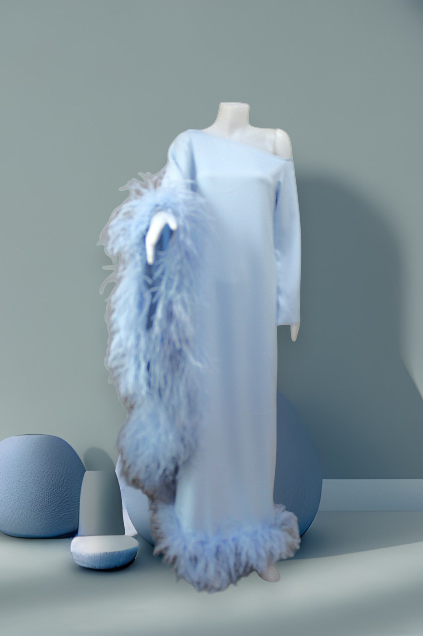 MARAYA Blue Asymmetrical boat neck maxi Feather dress