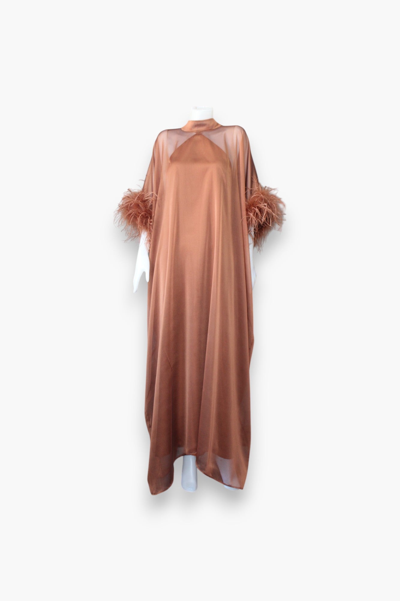 MARAYA Copper Kaftan Shift Evening Maxi Feather dress 8 US women's numeric / Ivory